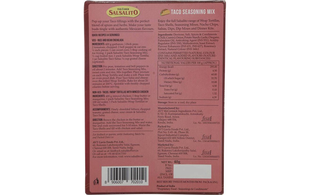 Salsalito Taco Seasoning Mix    Box  40 grams